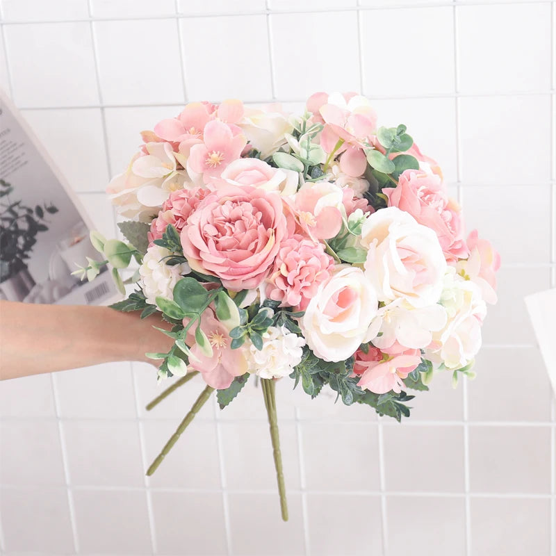 Artificial Flowers Silk Peony Hydrangea For Living Room Home Decoration Wedding Bride Bouquet Rose Fake Plants Table Accessories