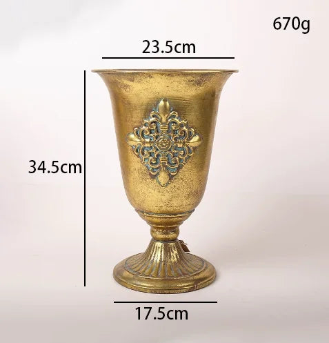 European Golden Retro Iron Vase Flower Arrangement Vessel Decoration Home Room Ornaments Wedding Banquet Table Accessories Items
