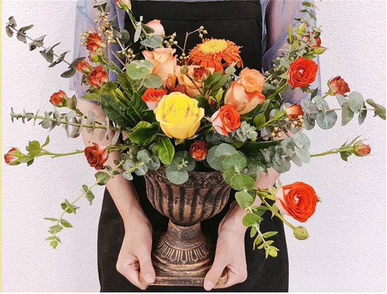 Plastic Distressed Vase Retro Flower Arrangement Roman Column carved copperStyle Wedding Props basin Home Desk White pot Display