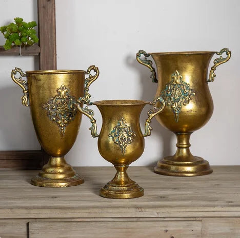 European Golden Retro Iron Vase Flower Arrangement Vessel Decoration Home Room Ornaments Wedding Banquet Table Accessories Items
