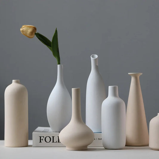 Nordic Simple Plain Ceramic Vase Modern White Beige Dried Flower Bottle Living Room Porch TV Cabinet Art Aesthetic Ornaments