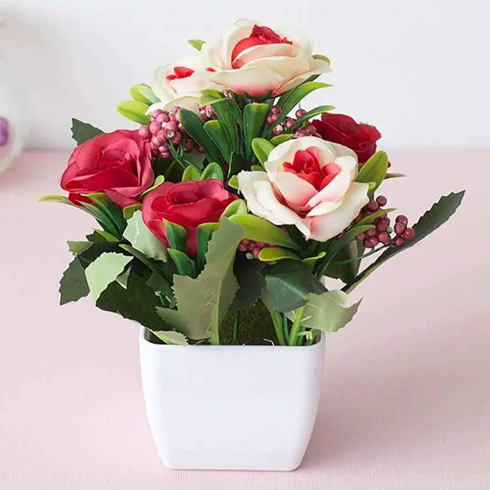 Multi-color Rose Flower Artificial Potted Plant Artificial Bonsai Potted Fake Flower Home Garden Office Table Room Decoration