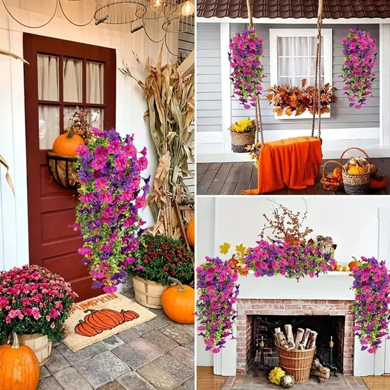 2pcs Artificial Flowers Fake Morning Glory Flowers Eucalyptus Leaves Hanging Flowers For Outdoor Party Wedding Garden Decoration