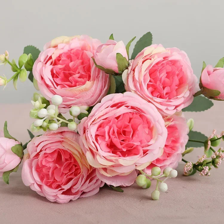 30cm Rose Pink Silk Peony Artificial Flowers Bouquet 5 Big Head an Bud Cheap Fake Flowers for Home Wedding Decoration indoo
