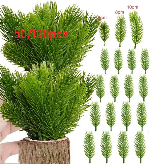 100/50pcs Artificial Pine Needle Plants Plastic Christmas Tree Flower Wreath DIY Green Pine Branches for Wedding Home Decoration