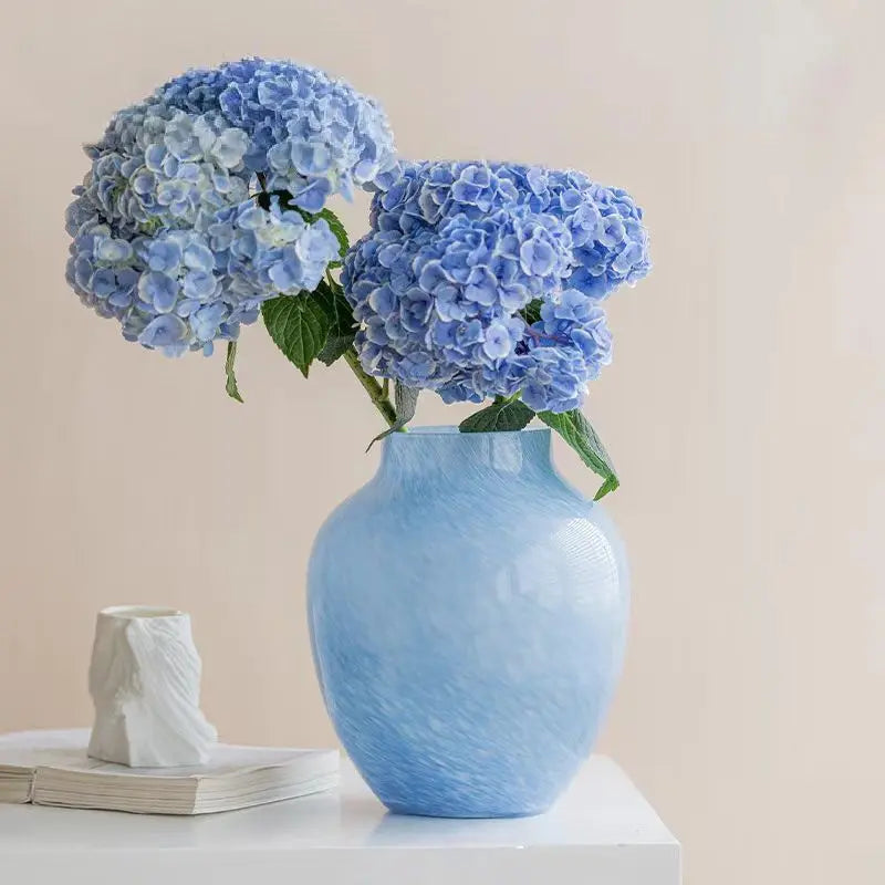 Modern Minimalist Cloudy Blue Glazed Glass Vase - Elegant Floral Centerpiece for Living Room & Entryway | Durable Decor, Perfect