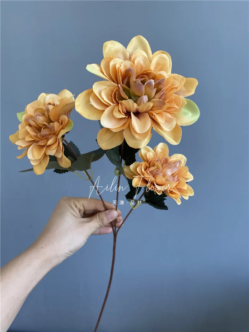 Simulation 3 Heads Dahlia Home Living Room and Dining Table Decoration Fake Flowers Wedding Ceremony Layout Artificial Flowers