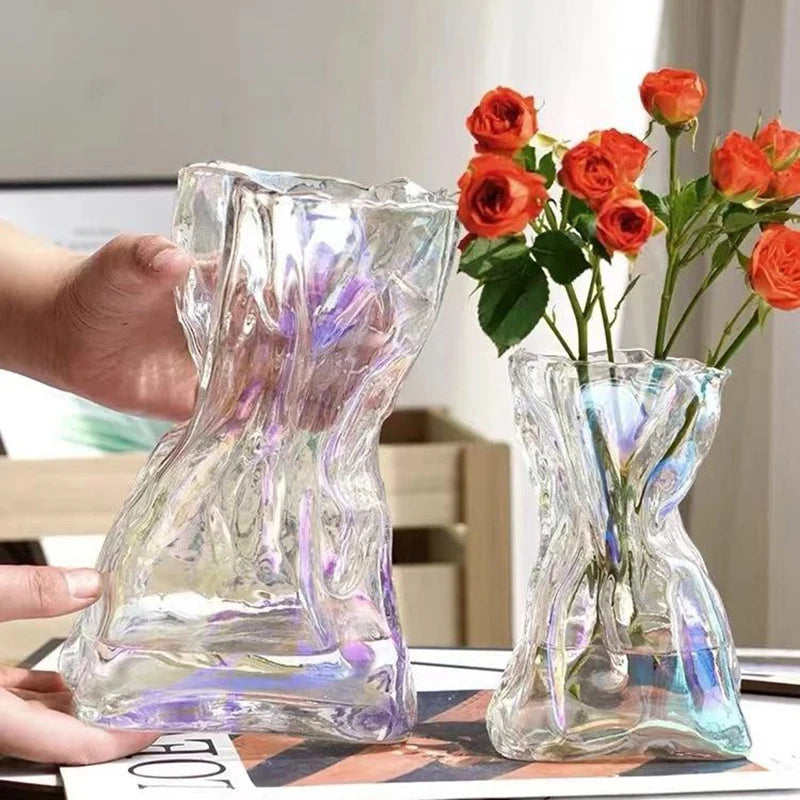 Irregular Glass Flower Vase Crystal Clear Vase Ins Style Decorative Vases for Home Office Wedding Dinner Table Party Decor