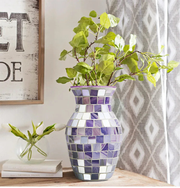 European Style Pastoral Mosaic Glass Vase, Pink and Purple, Fashion Home and Restaurant Decoration Furnishings