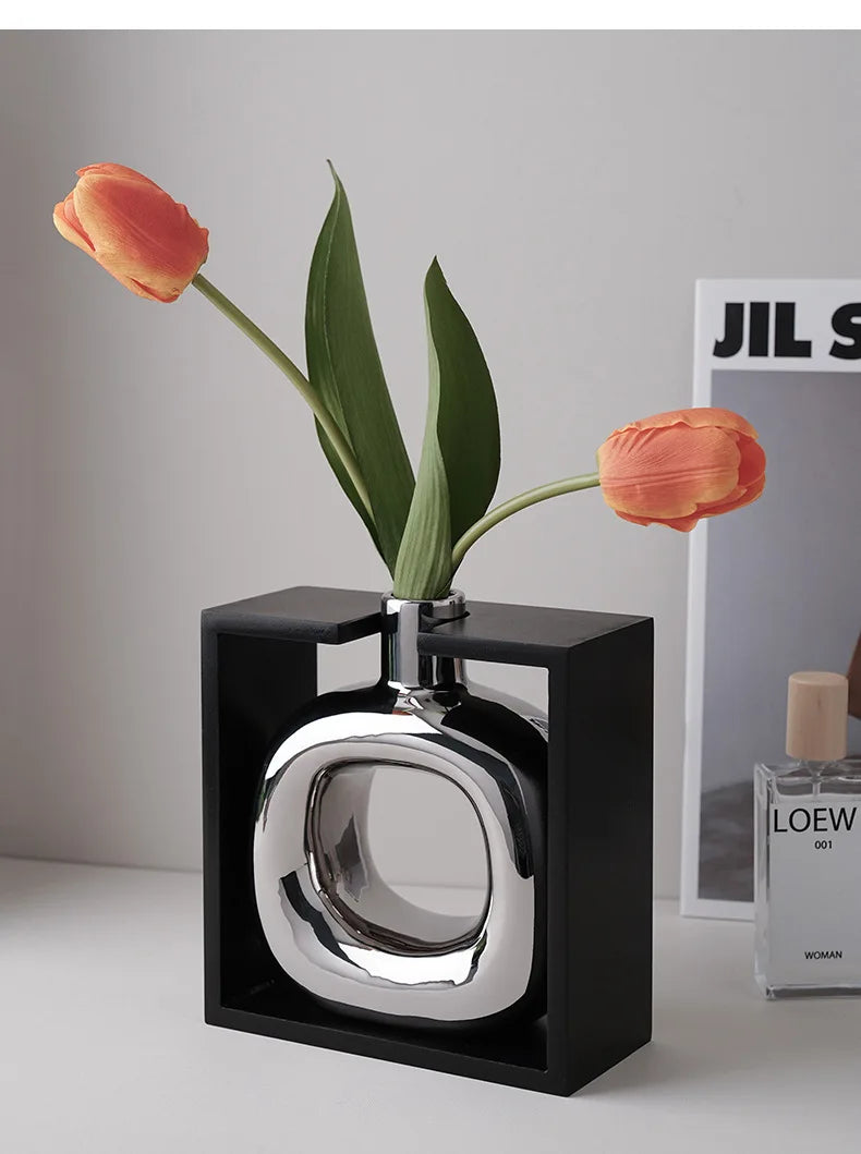 Silver Ceramic Vase Hollow Cutout Frame Hydroponic Flower Arrangement Flower Vase Terrarium Home Decoration Accessories