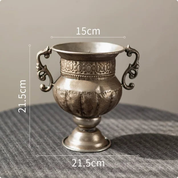 European Retro Iron Goblet Vase Decoration Home Livingroom Flower Arrangement Figurines Crafts Hotel Metal Flowerpot Ornaments