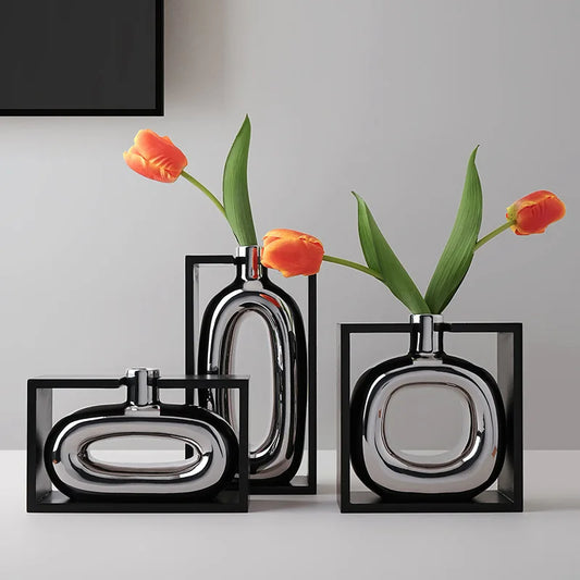 Silver Ceramic Vase Hollow Cutout Frame Hydroponic Flower Arrangement Flower Vase Terrarium Home Decoration Accessories