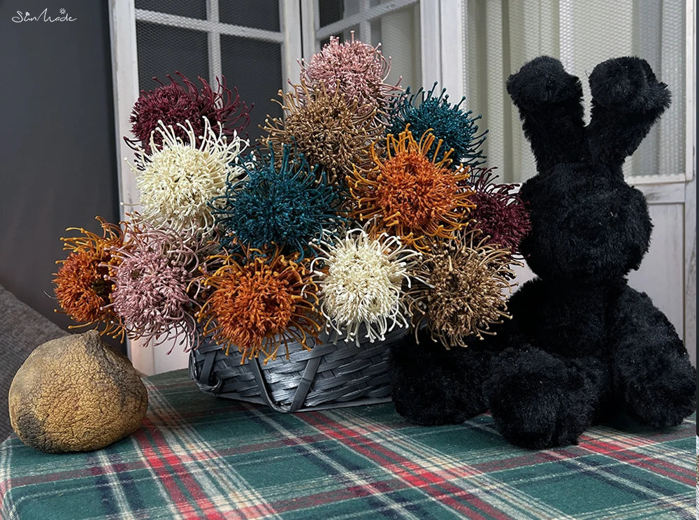 SunMade Flocked Ball Leucospermum Plastic Artificial Flowers Wedding Decoration Flores Artificales Fall Decor Fleur Artificielle