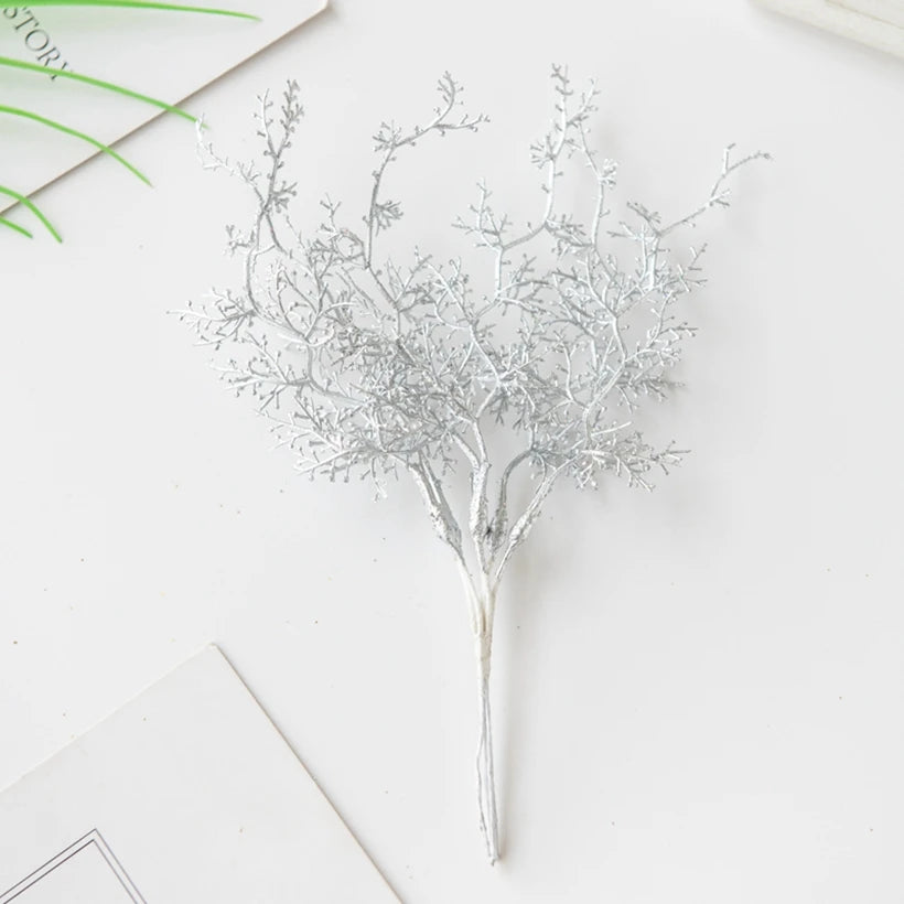 6Pcs Artificial Plant Golden Silvery Fake Branch For Christmas Tree Wreath Accessory Home Balcony Landscape Layout Wedding Decor