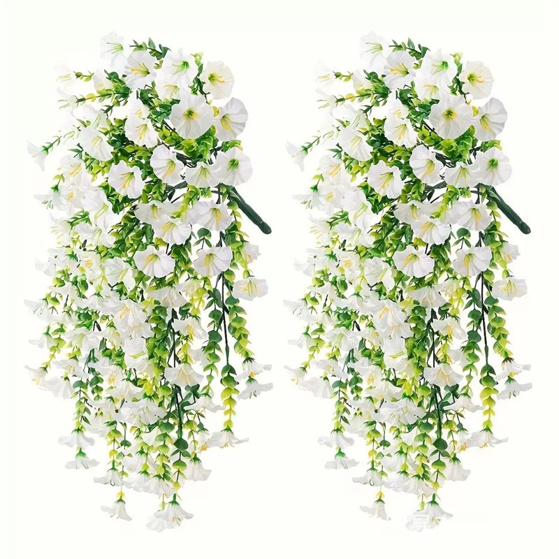 2pcs Artificial Flowers Fake Morning Glory Flowers Eucalyptus Leaves Hanging Flowers For Outdoor Party Wedding Garden Decoration