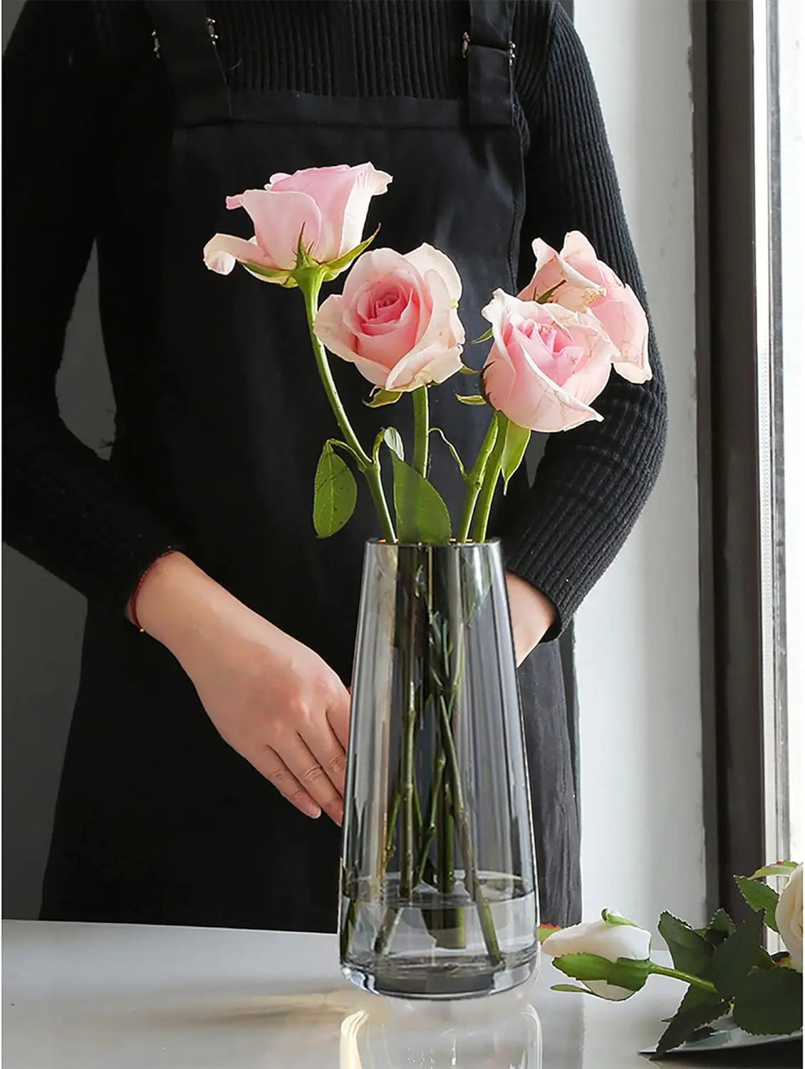 Modern Glass Vase Irised Crystal Clear Glass Vase for Home Office Decor (Crystal Grey)
