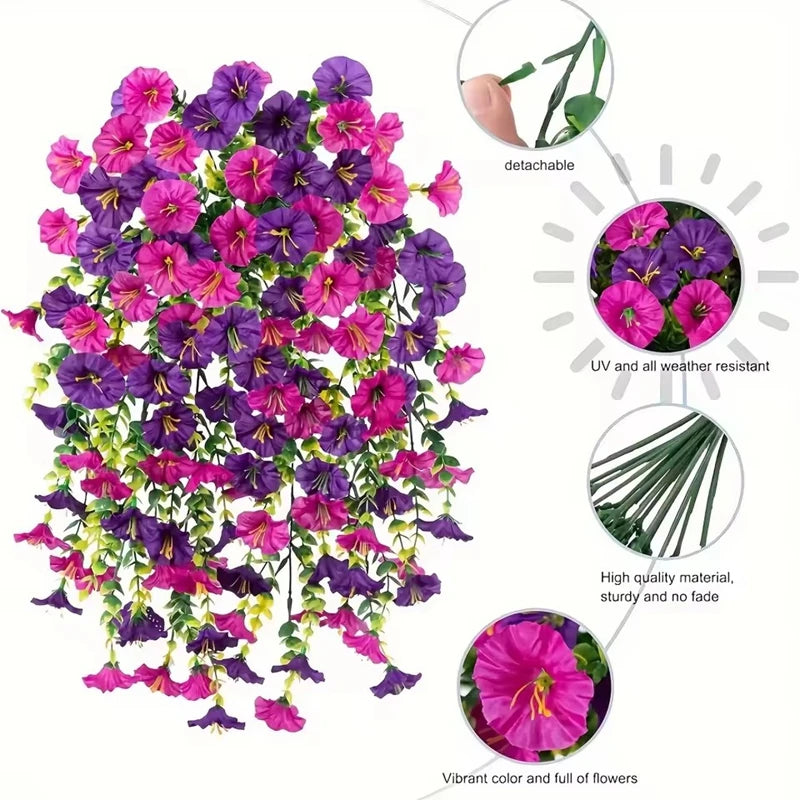 2pcs Artificial Flowers Fake Morning Glory Flowers Eucalyptus Leaves Hanging Flowers For Outdoor Party Wedding Garden Decoration