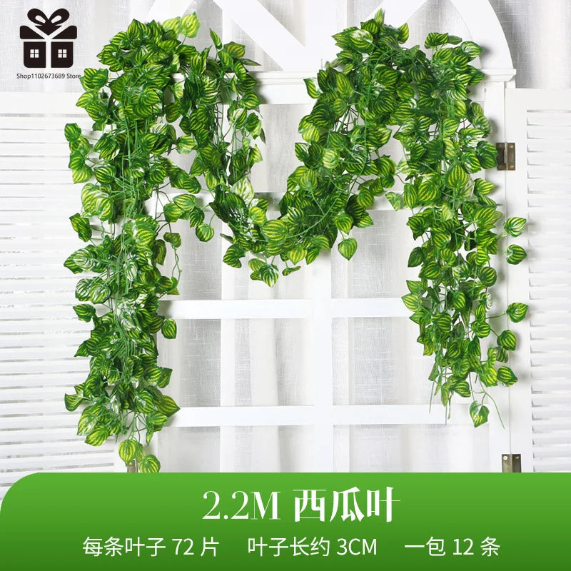 2.1M Artificial Plant Green Ivy Leaf Garland Silk Wall Hanging Vine Home Garden Decoration Wedding Party DIY Fake Wreath Leaves
