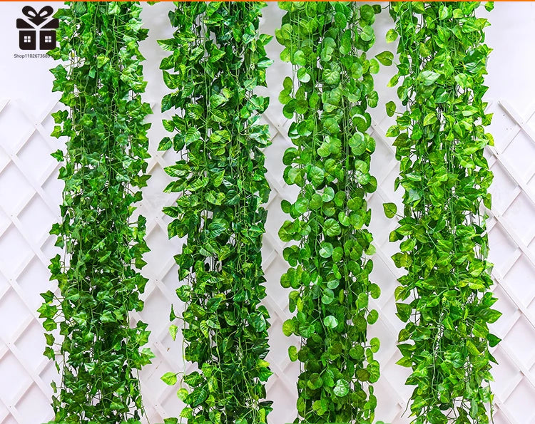 2.1M Artificial Plant Green Ivy Leaf Garland Silk Wall Hanging Vine Home Garden Decoration Wedding Party DIY Fake Wreath Leaves