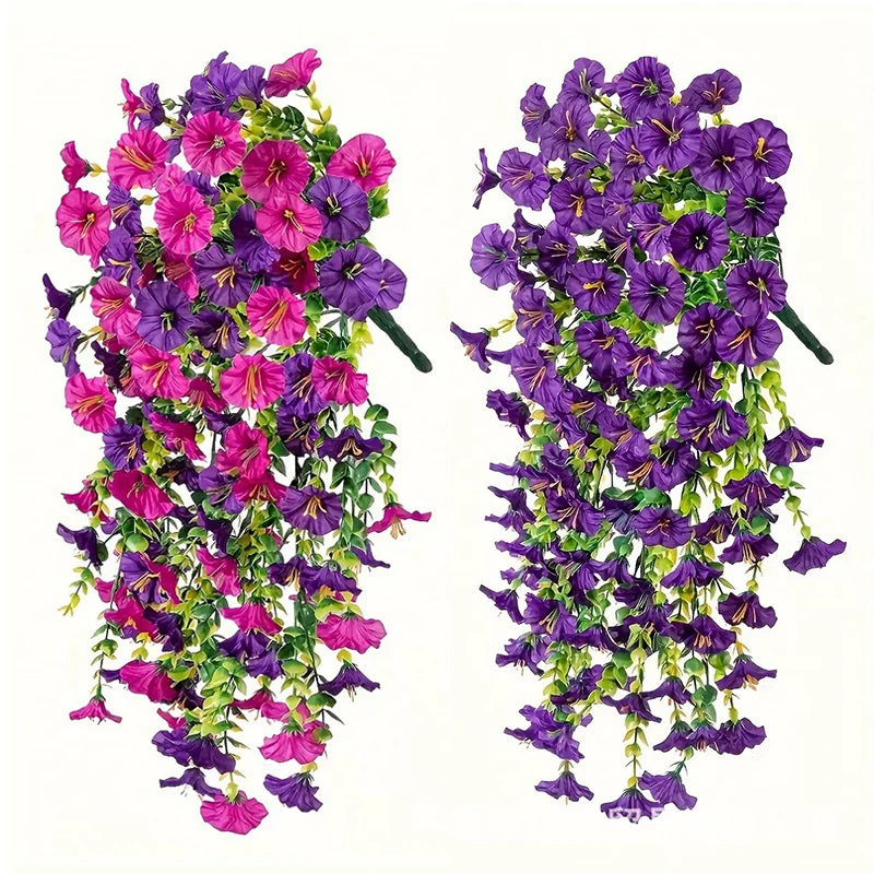 2pcs Artificial Flowers Fake Morning Glory Flowers Eucalyptus Leaves Hanging Flowers For Outdoor Party Wedding Garden Decoration