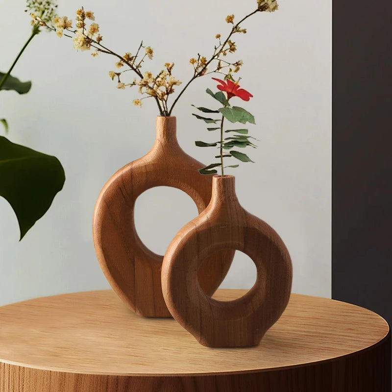 Nordic Style Solid Wood Vase Donut Design Wooden Flowerpot Vase Flower Arrangement Tabletop Ornaments Living Room Home Decor