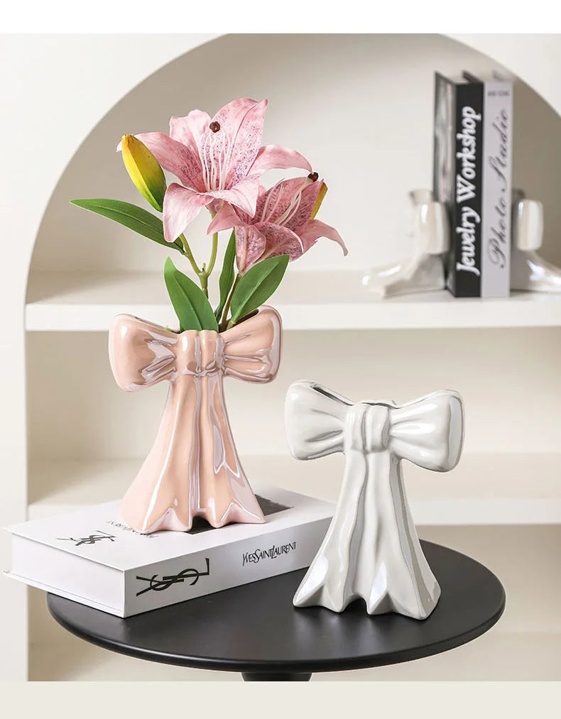 Lovely Bowknot Ceramic Vase Plant Pots Table Decoration Flowers Arrangement Shiny Porcelain Floral Vase Room Aesthetic Decor