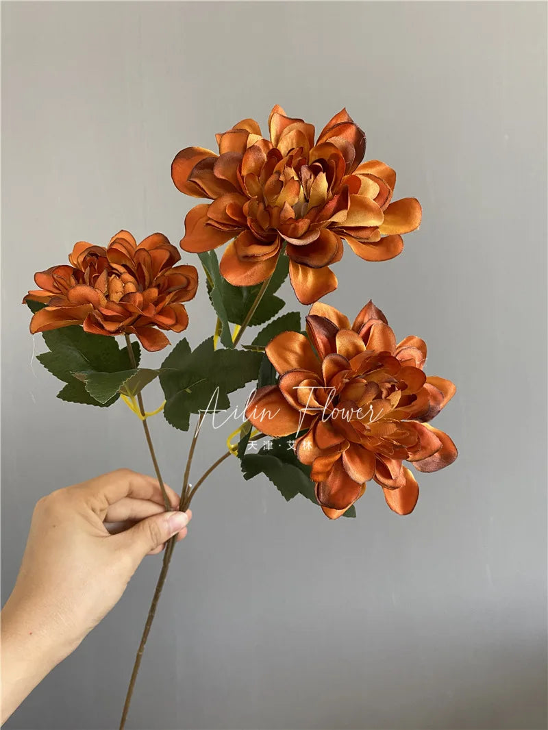 Simulation 3 Heads Dahlia Home Living Room and Dining Table Decoration Fake Flowers Wedding Ceremony Layout Artificial Flowers