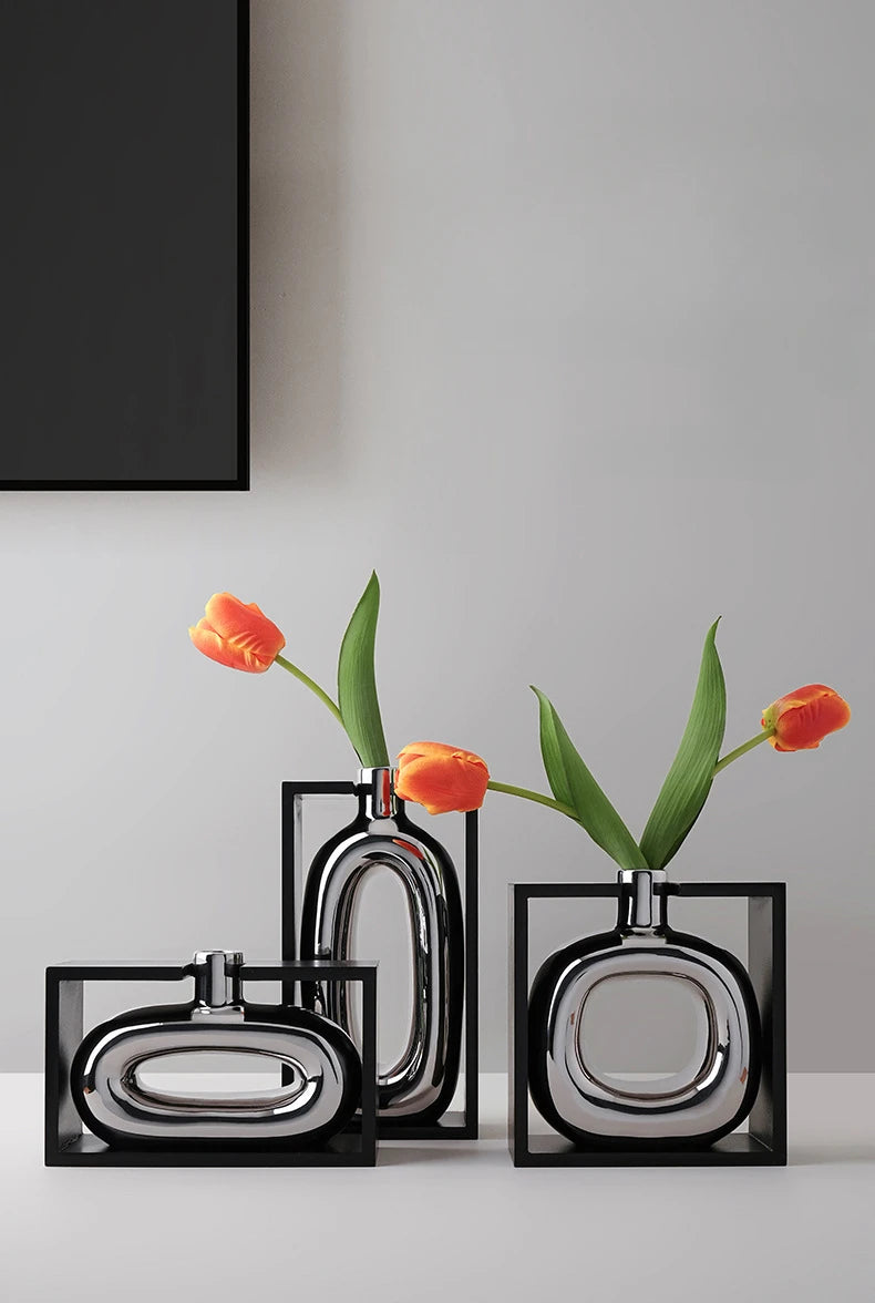 Silver Ceramic Vase Hollow Cutout Frame Hydroponic Flower Arrangement Flower Vase Terrarium Home Decoration Accessories