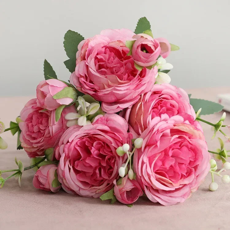 30cm Rose Pink Silk Peony Artificial Flowers Bouquet 5 Big Head an Bud Cheap Fake Flowers for Home Wedding Decoration indoo