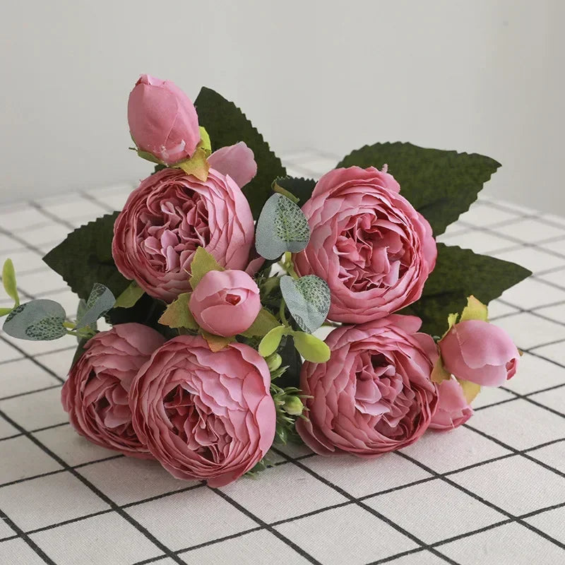 30cm Rose Pink Silk Peony Artificial Flowers Bouquet 5 Big Head an Bud Cheap Fake Flowers for Home Wedding Decoration indoo