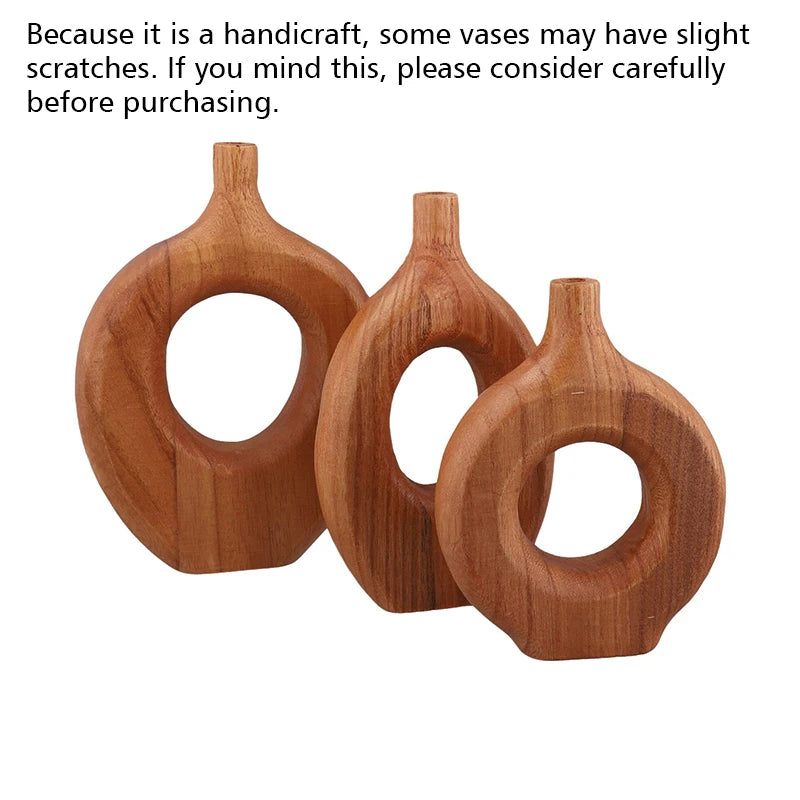 Nordic Style Solid Wood Vase Donut Design Wooden Flowerpot Vase Flower Arrangement Tabletop Ornaments Living Room Home Decor