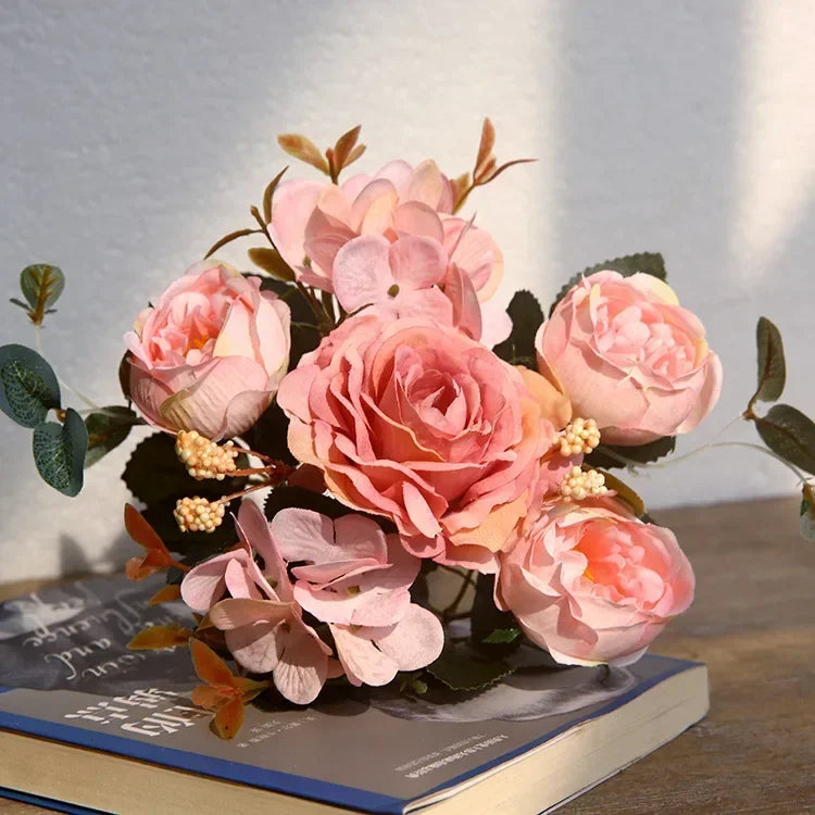 30cm Rose Pink Silk Peony Artificial Flowers Bouquet 5 Big Head an Bud Cheap Fake Flowers for Home Wedding Decoration indoo