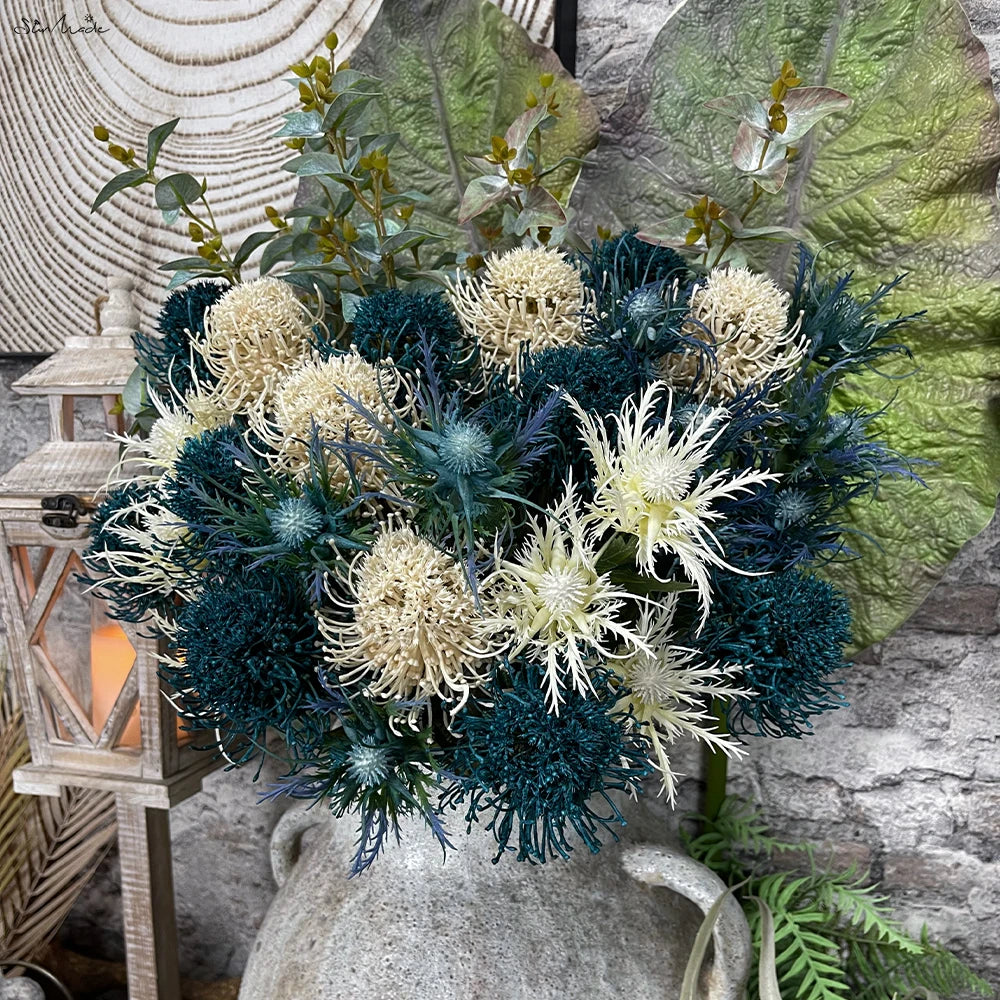 SunMade Flocked Ball Leucospermum Plastic Artificial Flowers Wedding Decoration Flores Artificales Fall Decor Fleur Artificielle