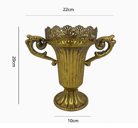 European Golden Retro Iron Vase Flower Arrangement Vessel Decoration Home Room Ornaments Wedding Banquet Table Accessories Items