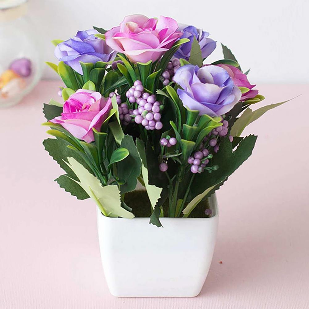 Multi-color Rose Flower Artificial Potted Plant Artificial Bonsai Potted Fake Flower Home Garden Office Table Room Decoration