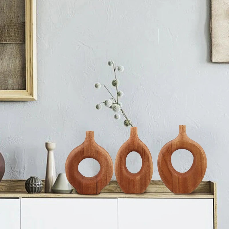 Nordic Style Solid Wood Vase Donut Design Wooden Flowerpot Vase Flower Arrangement Tabletop Ornaments Living Room Home Decor