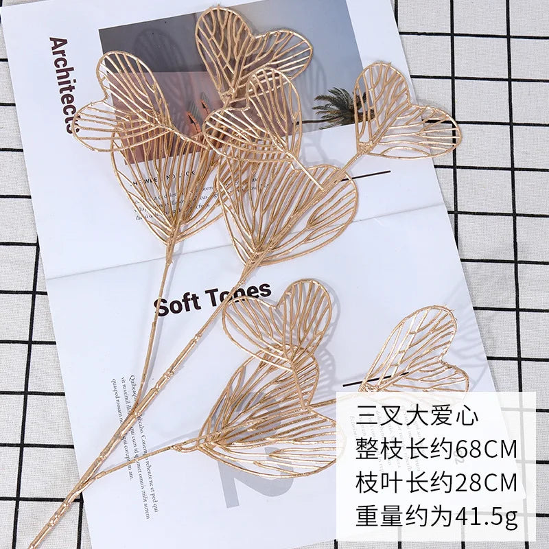 1pc Simulated Golden Gingko Leaves Eucalyptus Leave PlasticFan Leaves Peacock Tail Home Wedding Decoration Artificial Flowers