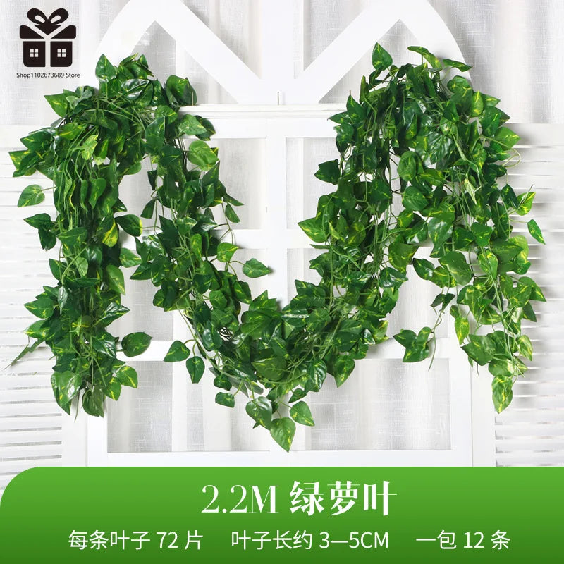 2.1M Artificial Plant Green Ivy Leaf Garland Silk Wall Hanging Vine Home Garden Decoration Wedding Party DIY Fake Wreath Leaves