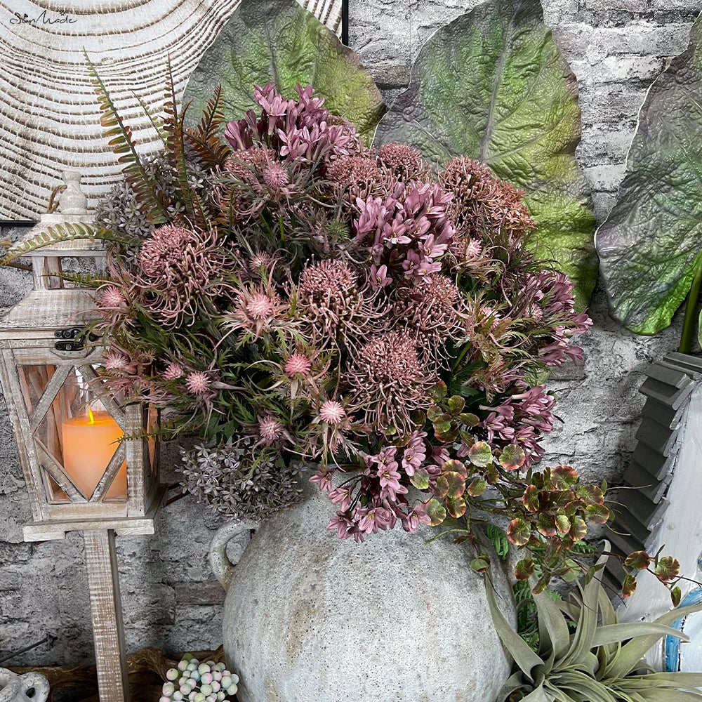 SunMade Flocked Ball Leucospermum Plastic Artificial Flowers Wedding Decoration Flores Artificales Fall Decor Fleur Artificielle