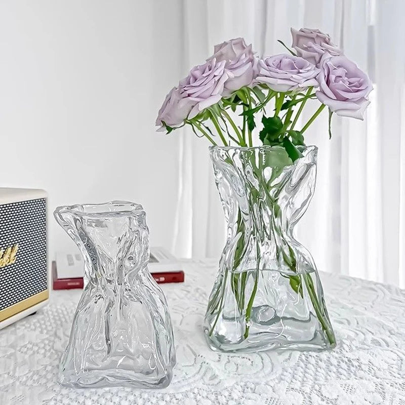 Irregular Glass Flower Vase Crystal Clear Vase Ins Style Decorative Vases for Home Office Wedding Dinner Table Party Decor