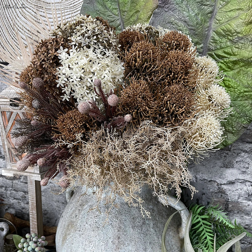 SunMade Flocked Ball Leucospermum Plastic Artificial Flowers Wedding Decoration Flores Artificales Fall Decor Fleur Artificielle