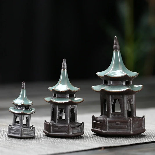 Tea Pet Ornaments Octagonal Pagoda Feng Shui Mini Garden Accessories Ceramic Decorations for Home Decore Black Tea Play