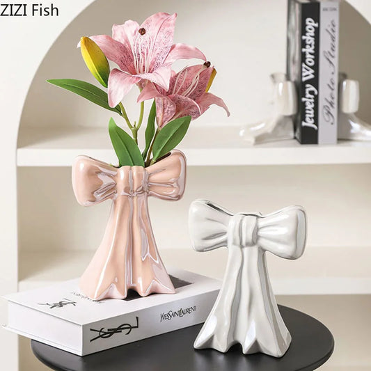 Lovely Bowknot Ceramic Vase Plant Pots Table Decoration Flowers Arrangement Shiny Porcelain Floral Vase Room Aesthetic Decor