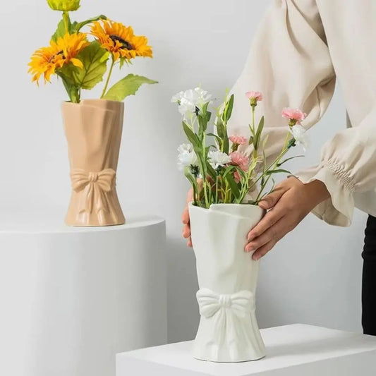 New Ceramic Bow Vase Ins Cute Flower Arrangement Device Simple Home Decoration