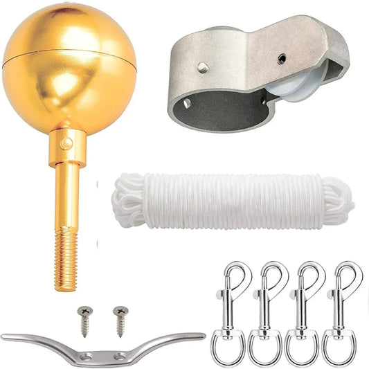 Aluminum Alloy Flag Pole Tool Set Nylon Braided Rope Upgrade Flag Pole Parts Repair Kit Cleat Hook 3 Inch Golden Ball