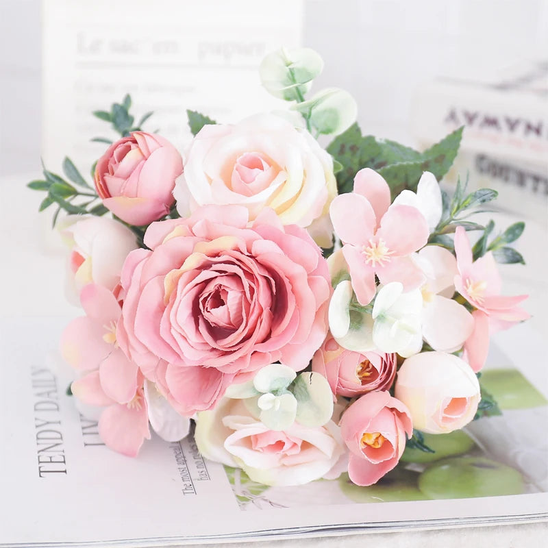 Artificial Flowers Silk Peony Hydrangea For Living Room Home Decoration Wedding Bride Bouquet Rose Fake Plants Table Accessories