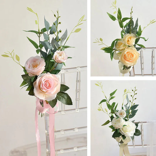 Chair Artificial Flowers Sashes Knot Ties Rose Banquet Cover For Church Car Country Wedding Party Events Decoration Supplies