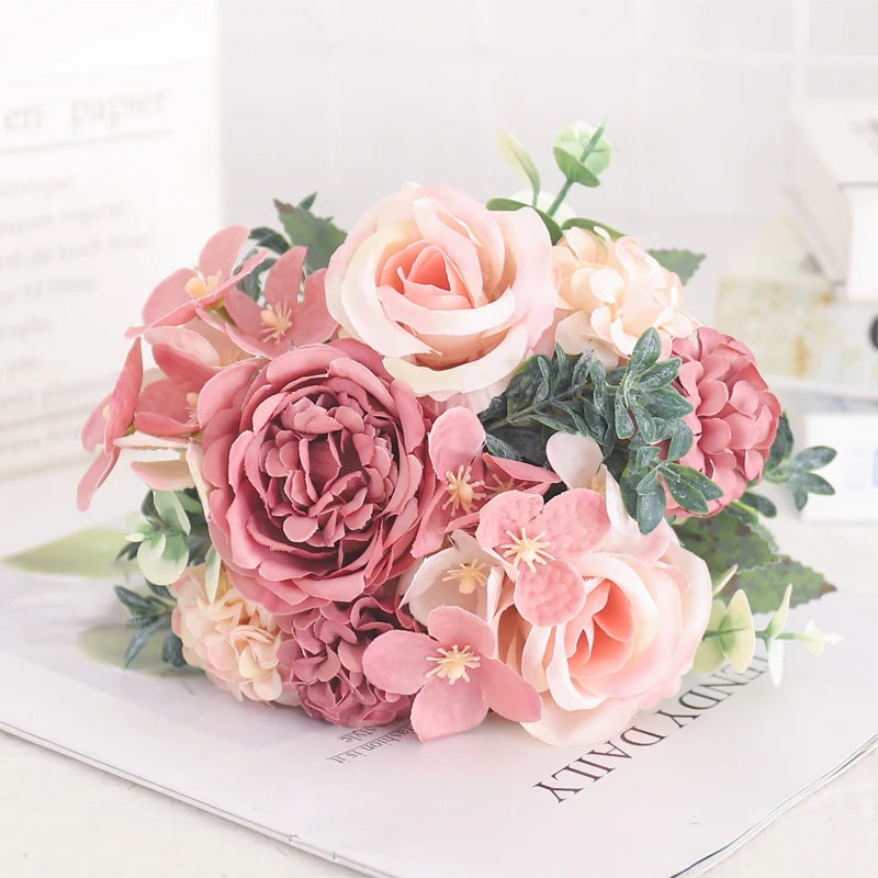 Artificial Flowers Silk Peony Hydrangea For Living Room Home Decoration Wedding Bride Bouquet Rose Fake Plants Table Accessories