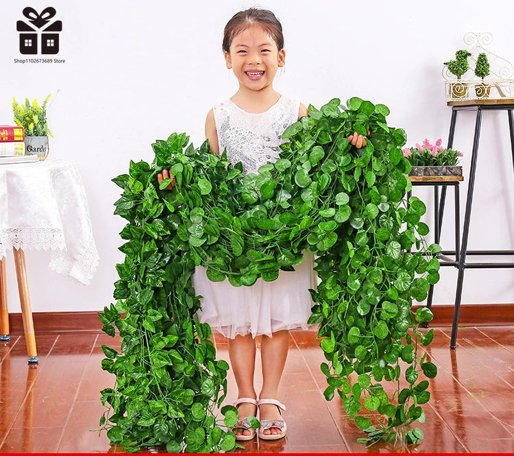 2.1M Artificial Plant Green Ivy Leaf Garland Silk Wall Hanging Vine Home Garden Decoration Wedding Party DIY Fake Wreath Leaves