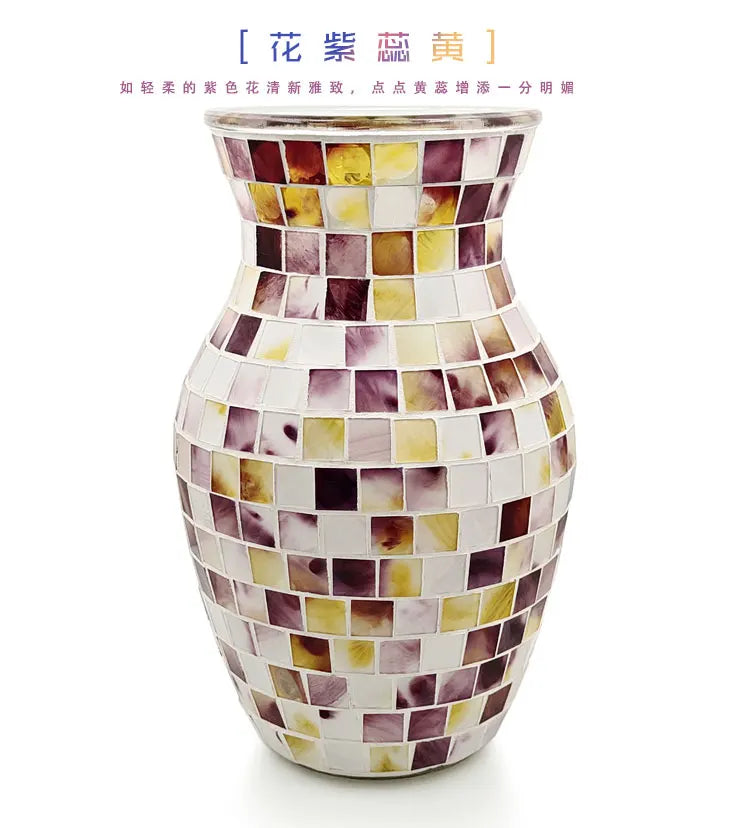 European Style Pastoral Mosaic Glass Vase, Pink and Purple, Fashion Home and Restaurant Decoration Furnishings